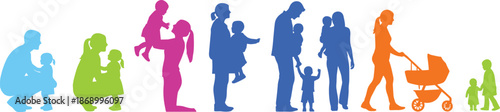 Colorful family life stages silhouette illustration showing parents children baby stroller growth generations diversity parenting lifestyle vector design