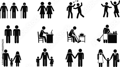 Family lifestyle icon set illustration showing people relationships work home activities parenting cleaning cooking daily life black silhouette vector design