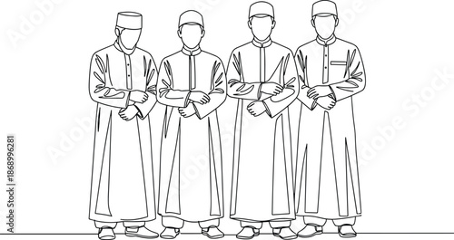 Continuous line drawing of four Muslim men wearing traditional Islamic thobe and kufi hats, representing community, religious faith, and brotherhood.