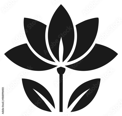 Elegant black silhouette of a stylized lotus flower. Minimalist floral graphic icon for wellness and spirituality.