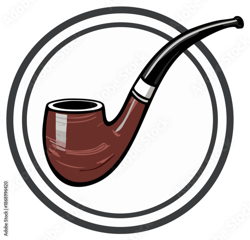 Vintage style brown tobacco smoking pipe with black stem illustration in a double-lined circular frame
