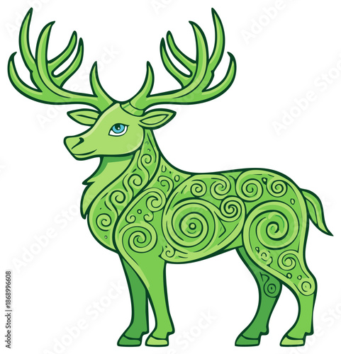 Green deer with Celtic knot patterns and large antlers standing gracefully