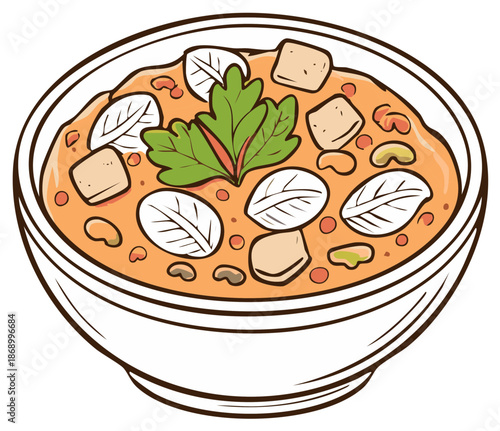 Illustrated bowl of hearty vegan bean stew with tofu cubes and fresh spinach greens