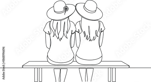 Two girls sitting together on bench illustration showing friendship bonding summer hats minimalist line art vector design