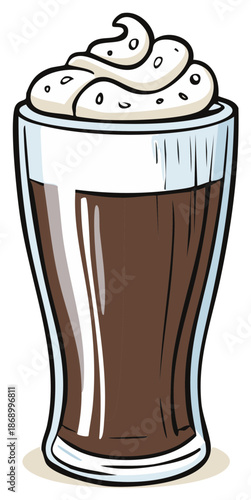 Illustrated Dessert Drink with Whipped Cream Topping in Tall Glass, Cartoon Style