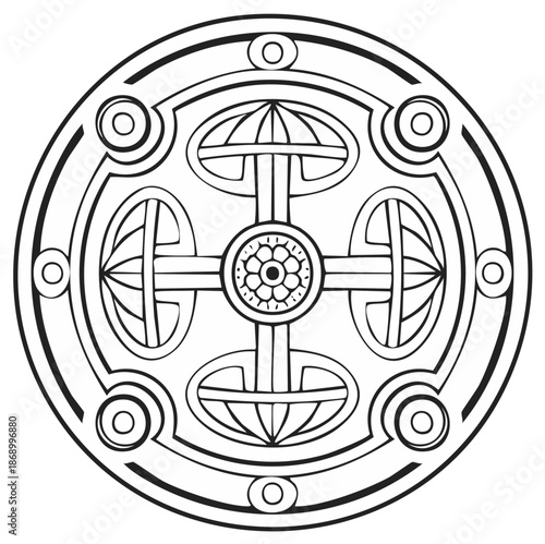 Intricate Celtic inspired circular mandala design with decorative cross element black and white line art pattern