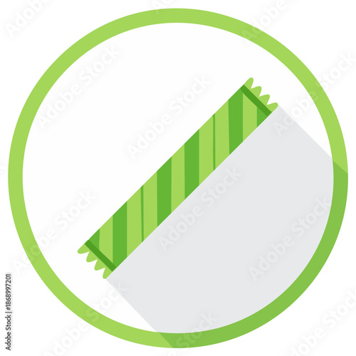 Green striped wrapped candy stick or sugar packet flat design vector icon with long shadow