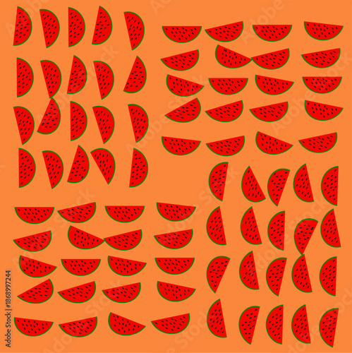 A vector icon illustration of several watermelon slices. Slices of fresh tropical fruit with red flesh and green rind, flat design style. Suitable for food, summer, and healthy lifestyle