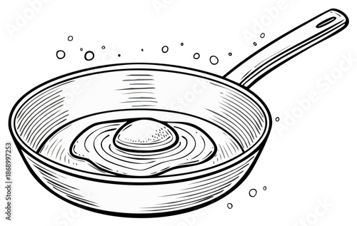 Fried egg cooking in a pan black and white sketch illustration