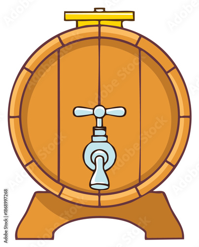 Charming cartoon wooden barrel with tap stands ready to dispense drinks in a whimsical presentation