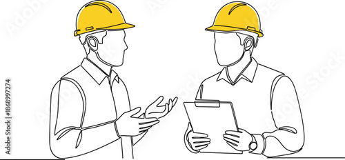 Continuous line drawing of two construction engineers wearing yellow hard hats and safety vests discussing a project on white background.