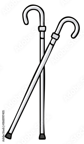 Two crossed walking canes with curved handles and rubber tips, isolated on white background