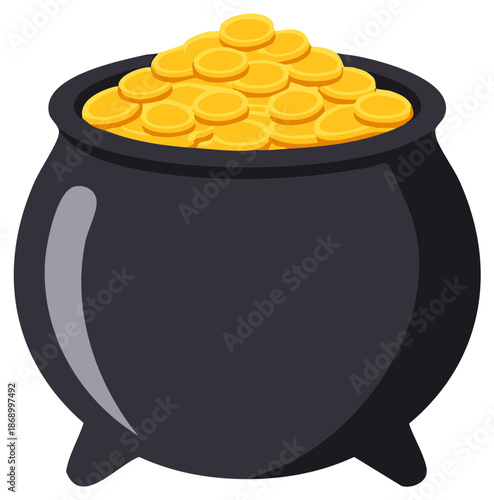 Black pot full of golden coins for St Patrick's Day celebration or fantasy treasure concept