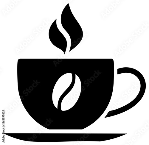 Black silhouette icon of a steaming coffee cup with a bean logo on a saucer