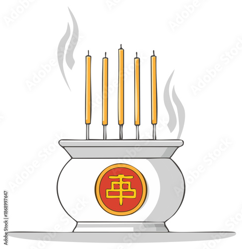Burning Incense Sticks in a Pot with Chinese Symbol, Ritual Object for Prayers and Blessings, Culture and Traditions
