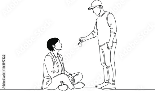 Continuous one line drawing of a man giving food to a homeless person sitting on the street, charity and kindness concept.