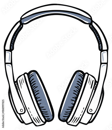 Hand drawn sketch of modern white over ear headphones with blue accents