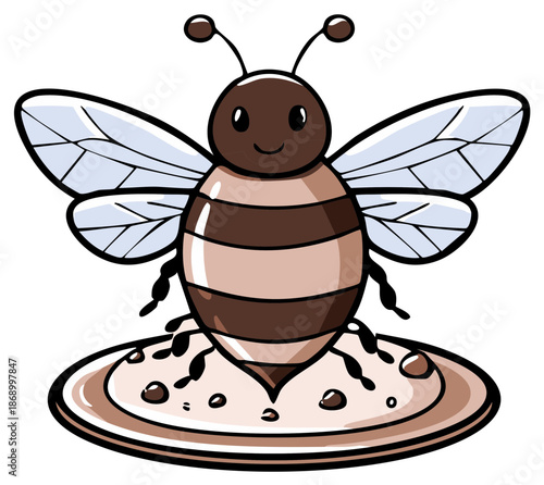 Cartoon Bee Standing on Honeycomb with Honey Drops Ready for Flight