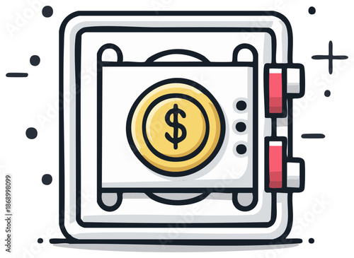 Open Hand-drawn Safe with Gold Coin Inside and Dollar Symbol