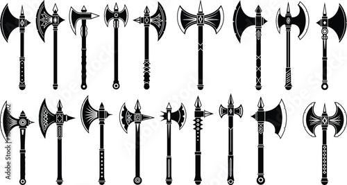 Collection, of, diverse, medieval, battle, axe, silhouettes, featuring, fantasy, double, bladed, and, ornate, weapons, for, gaming, history, war, design, isolated, black, vector, illustrations, on, 