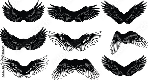 Collection, of, majestic, eagle, and, angel, wing, silhouettes, featuring, various, spread, and, folded, positions, for, flight, freedom, heavenly, design, isolated, black, vector, illustrations, on, 