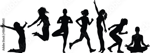 Active people silhouette fitness poses collection, jumping running stretching meditation movements isolated on white background healthy lifestyle vector illustration set
