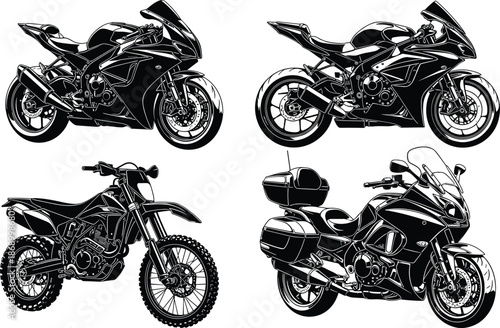 Collection, of, various, motorcycle, silhouettes, featuring, sport, bikes, choppers, cruisers, and, dirt, bikes, for, racing, transportation, and, automotive, design, isolated, black, vector, 