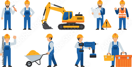 Flat Vector Illustration Collection of Construction Workers with Tools Excavator and Equipment Isolated on White Background for Professional Industrial Design.
