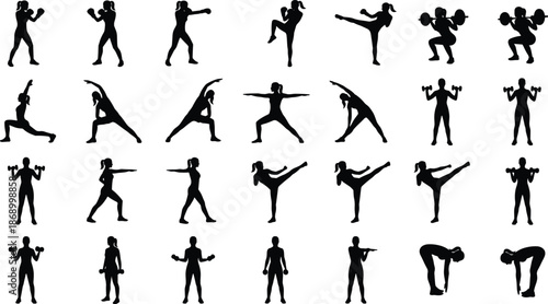 Female fitness silhouette workout collection, boxing yoga strength training stretching exercises isolated on white background active lifestyle vector set