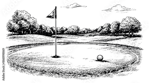 Hand drawn line art illustration of a golf course depicting a green with a flag and ball for sports and recreation