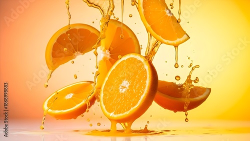 Fresh orange slices splashing with juice, citrus freshness, bright lighting, summer drink concept