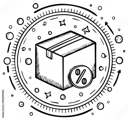 Box with percentage discount in round graphic