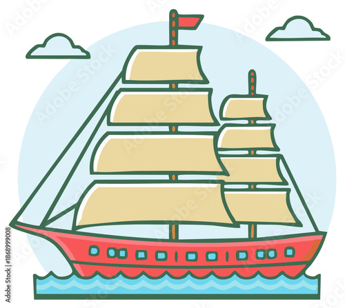 Sailing ship with multiple sails in the ocean waves