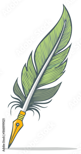 Green Quill Pen Illustration Classic Writing Tool Writer Journalism Symbol
