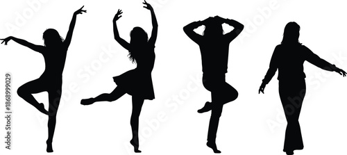 Graceful dancing female silhouette collection, expressive woman movement poses isolated on white background artistic ballet vector illustration set