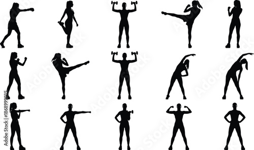Fitness workout silhouette poses collection, strength training boxing stretching exercises isolated on white background active lifestyle vector illustration set