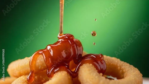 Chocolate syrup pouring over donuts, glossy texture, dessert close up, green background, mouthwatering