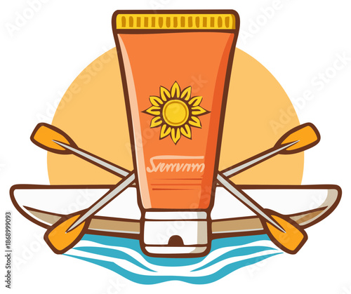 Sunscreen tube with a sun graphic, crossing paddles, and white boat on rippling water, against a sunny background