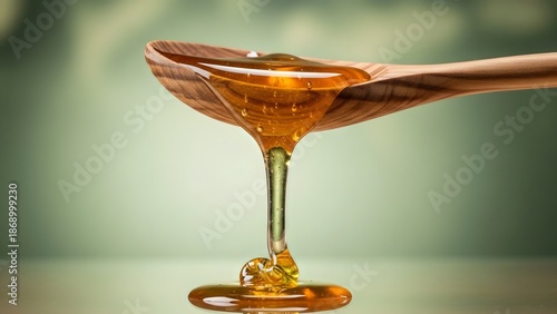 Golden honey flowing from wooden spoon, macro food photography, soft light, clean background, ultra realistic