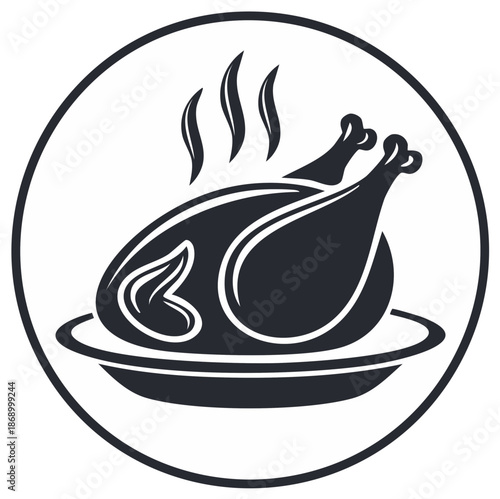 Steaming hot roasted turkey or chicken on a serving platter simple black and white food icon