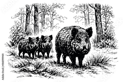 Hand drawn line art illustration of a wild boar family depicting them walking through a forest for wildlife and nature themes