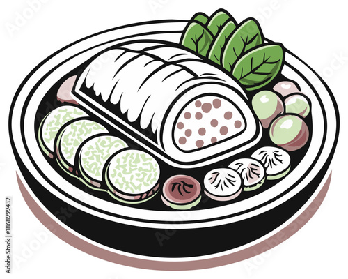 Illustrated Delicious Meat Loaf Dinner with Sliced Vegetables and Greens