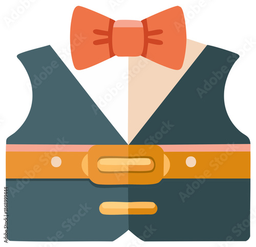 Waistcoat and Bow Tie Illustration, Retro Style with Orange Bow Tie, Clothing Icon, Cartoon Style