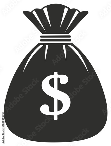 Black and white illustration of a money bag with a dollar sign symbol, finance concept.