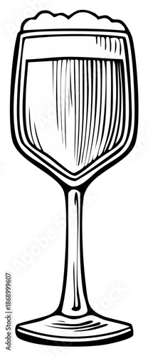 A hand drawn stemmed glass of craft beer with a foamy head in a retro woodcut style