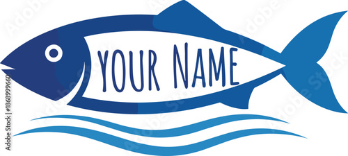 Custom fish logo vector illustration with editable name text, seafood brand identity design, blue marine symbol isolated on white background