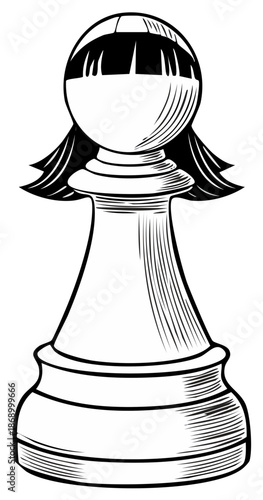 Monochrome Chess Pawn Illustration: Strategic Game Piece, Elegant Outline, Detailed Hatching