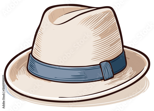Classic Fedora Hat with Blue Band in a Vintage Illustration Style