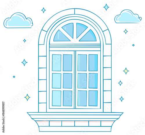 Dreamy arched window outline art with blue glass clouds and sparkling stars