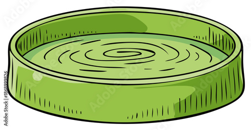 Cartoon illustration of a green pet bowl filled with water showing ripples on the surface